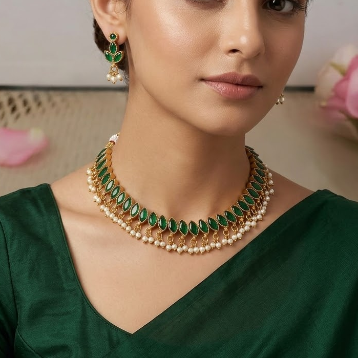 Reversible Kemp stone necklace - Green and Navratna