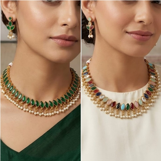 Reversible Kemp stone necklace - Green and Navratna