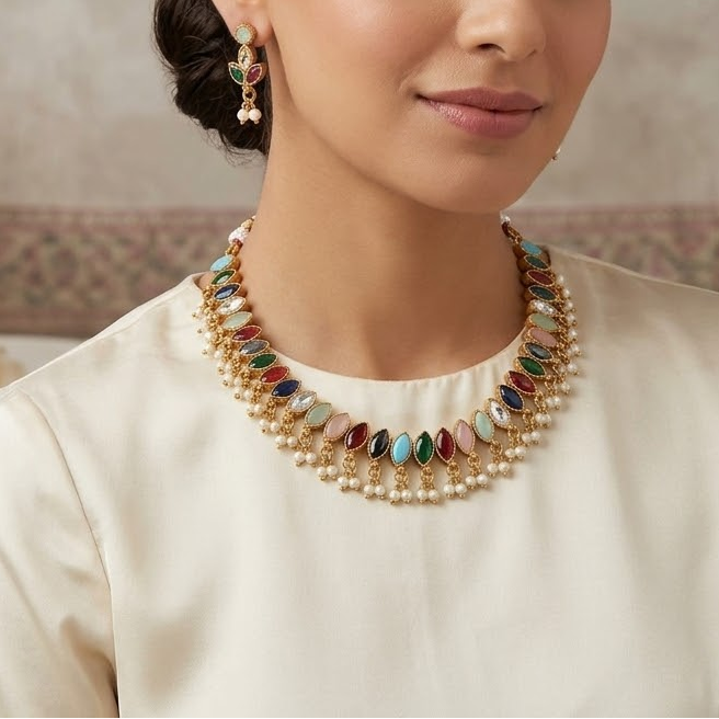 Reversible Kemp stone necklace - Green and Navratna