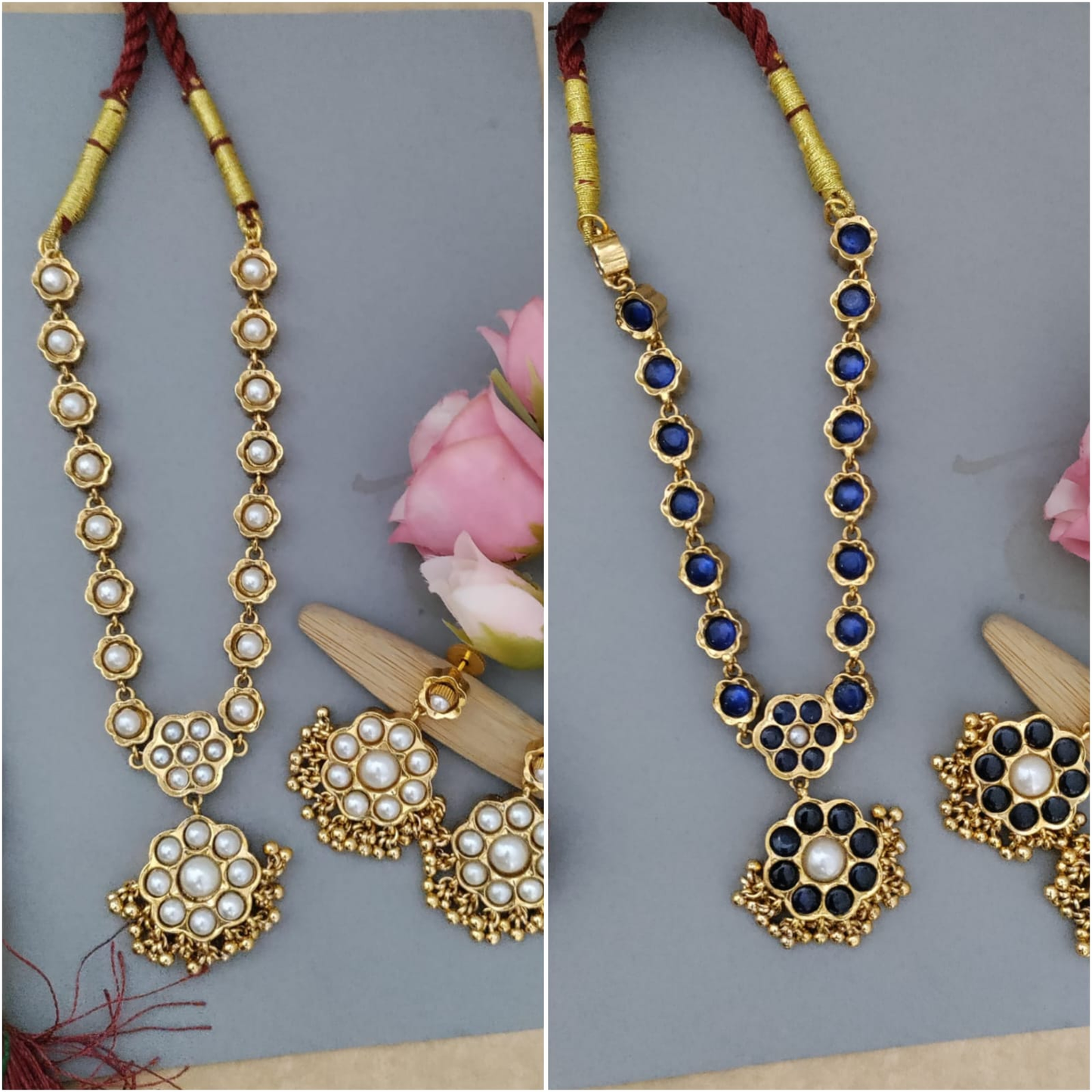 Reversible Kemp stone necklace - Blue and Pearl