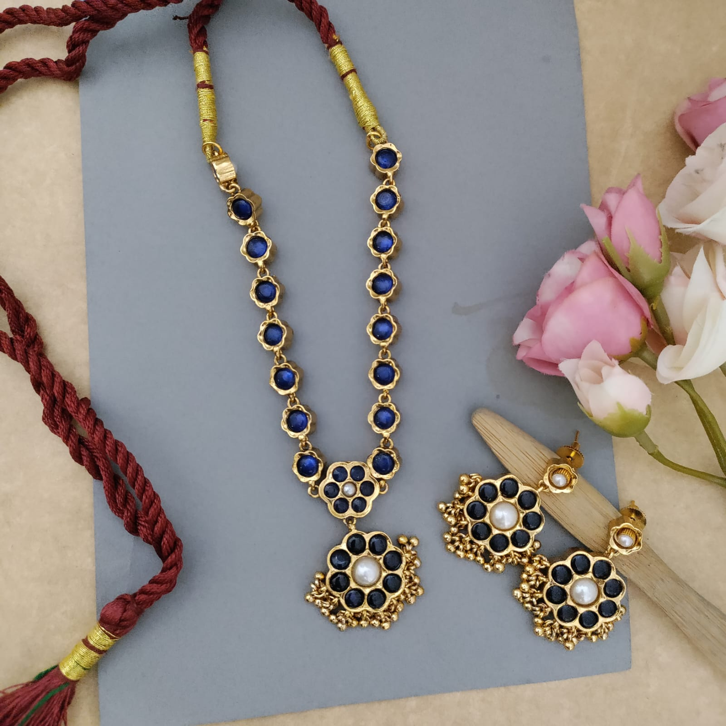 Reversible Kemp stone necklace - Blue and Pearl