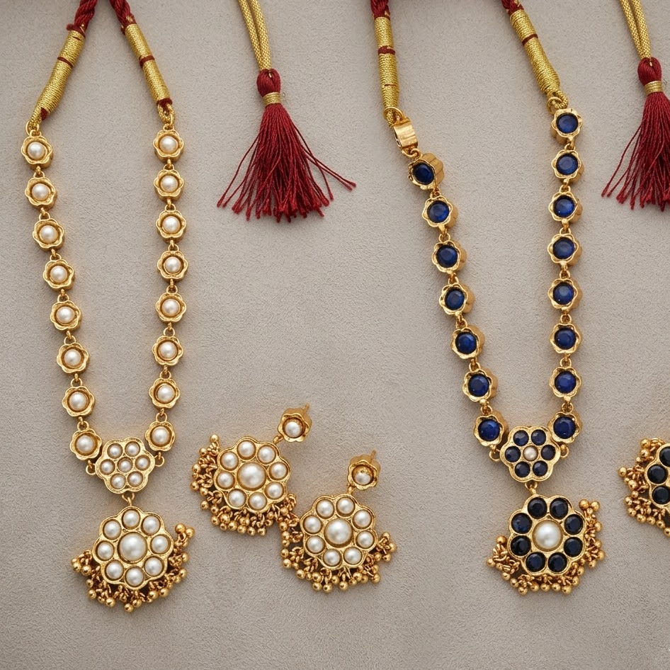 Reversible Kemp stone necklace - Blue and Pearl