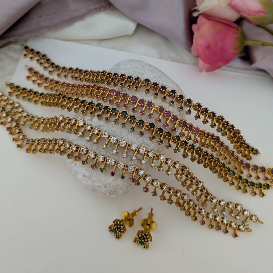 Simple Diamond lookalike sleek neckset in green, white, ruby