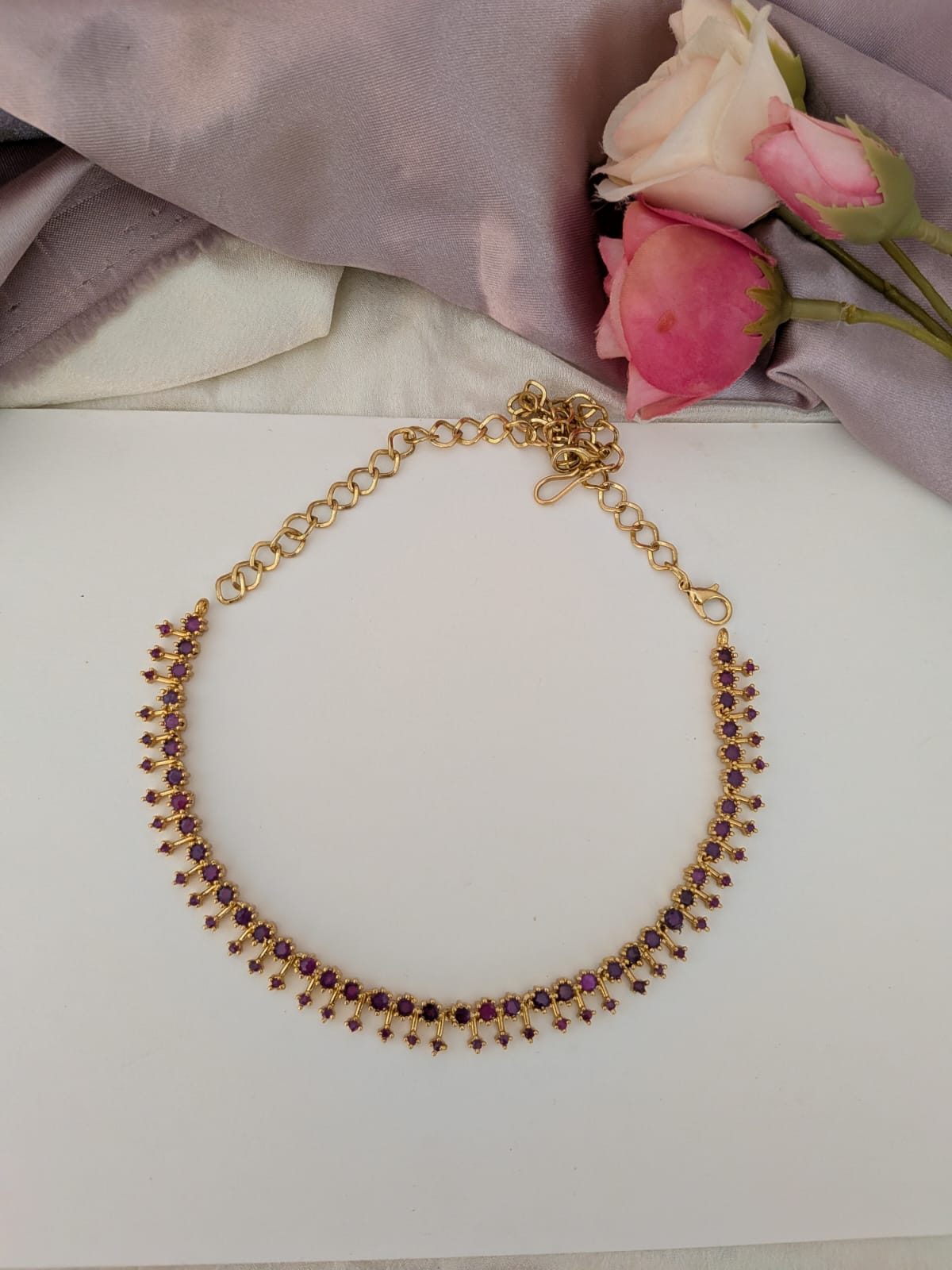 Simple Diamond lookalike sleek neckset in green, white, ruby