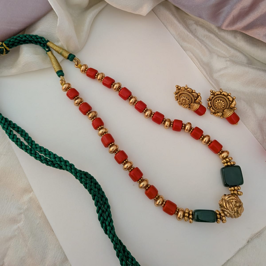 Coral beaded necklace set with Green stone
