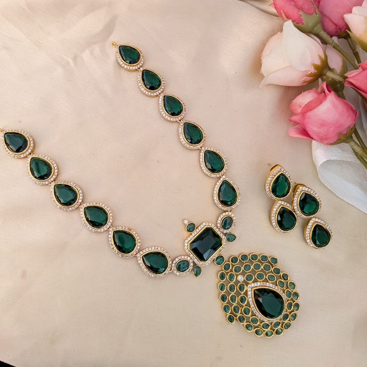 Jyothika Inspired Emerald stone necklace set