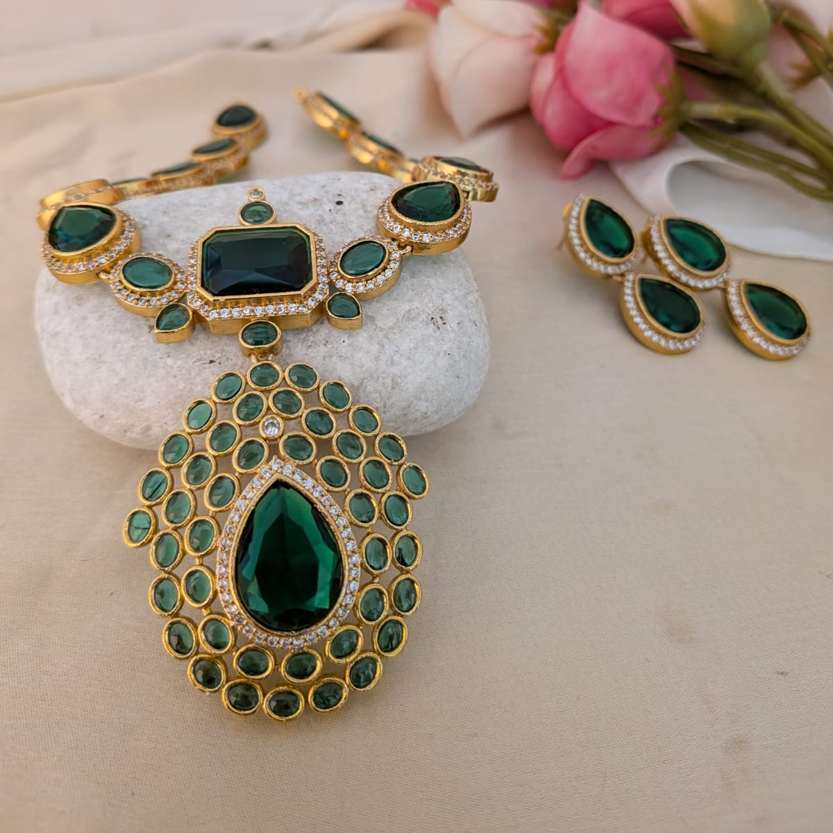 Jyothika Inspired Emerald stone necklace set