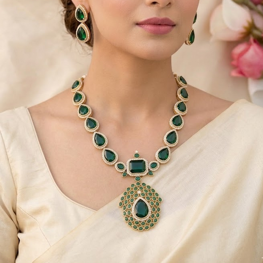 Jyothika Inspired Emerald stone necklace set