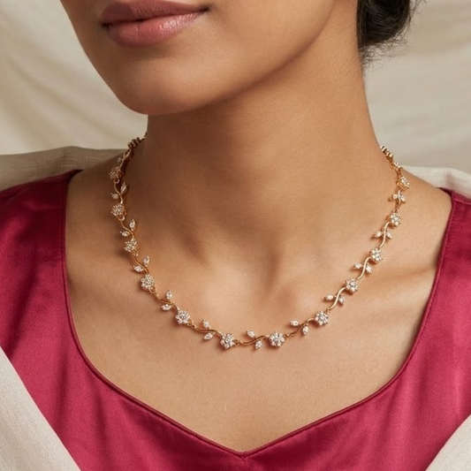 Simple floral design diamond look alike cz stone necklace