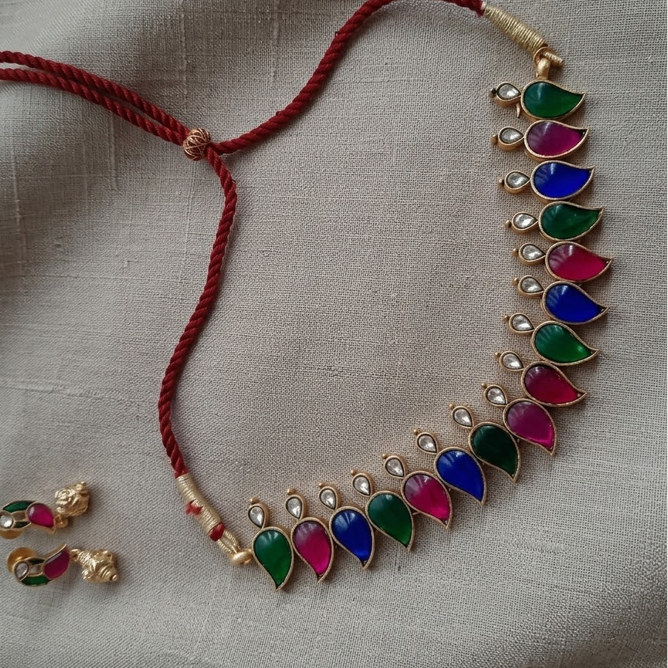 Paisley shaped multi color Jadau necklace set