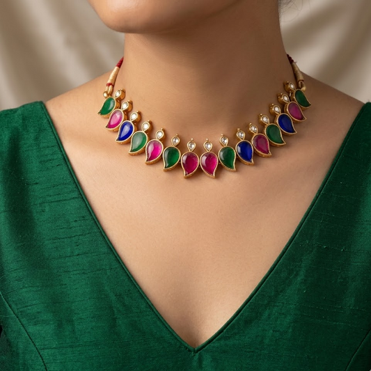 Paisley shaped multi color Jadau necklace set