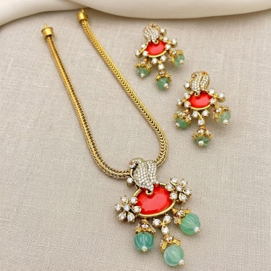 Coral stone studded necklace set
