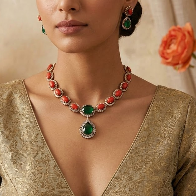 Coral red green drop stone necklace set