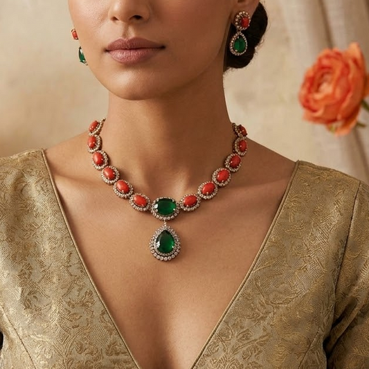 Coral red green drop stone necklace set