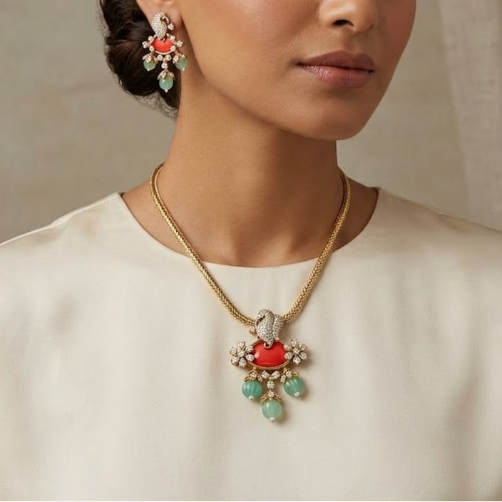Coral stone studded necklace set