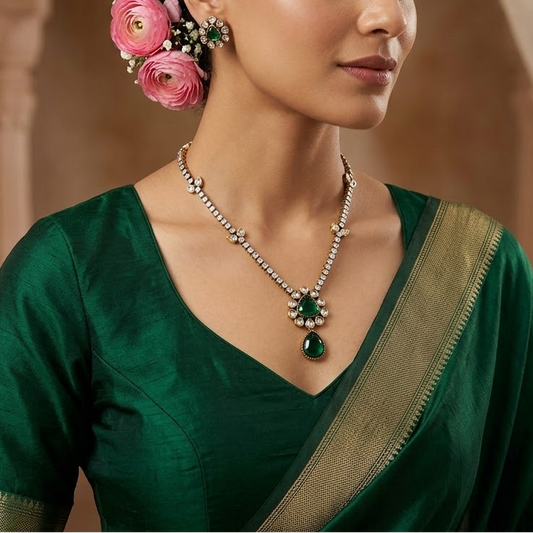 Simple kundan stone necklace set  Green