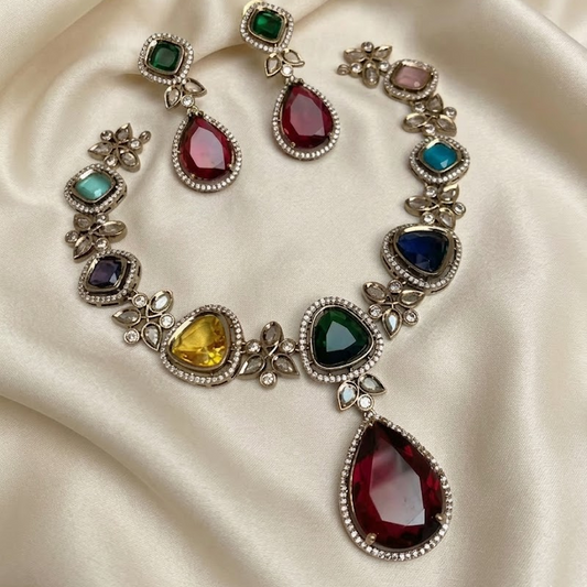 Multi stone drop stone necklace set