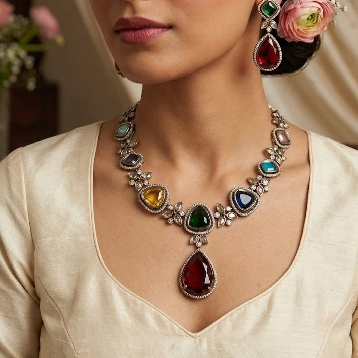 Multi stone drop stone necklace set
