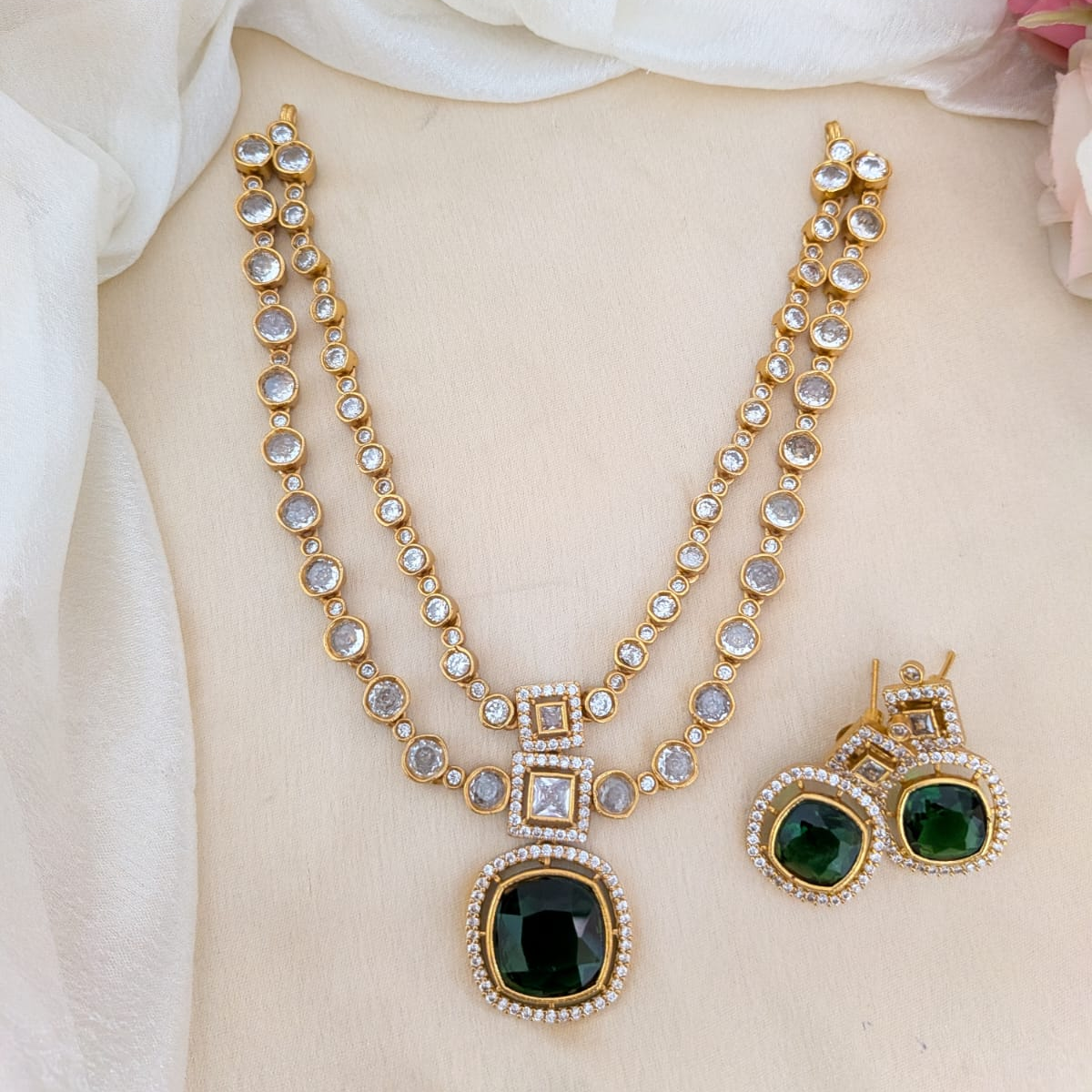 Green stone 2layer kundan necklace set