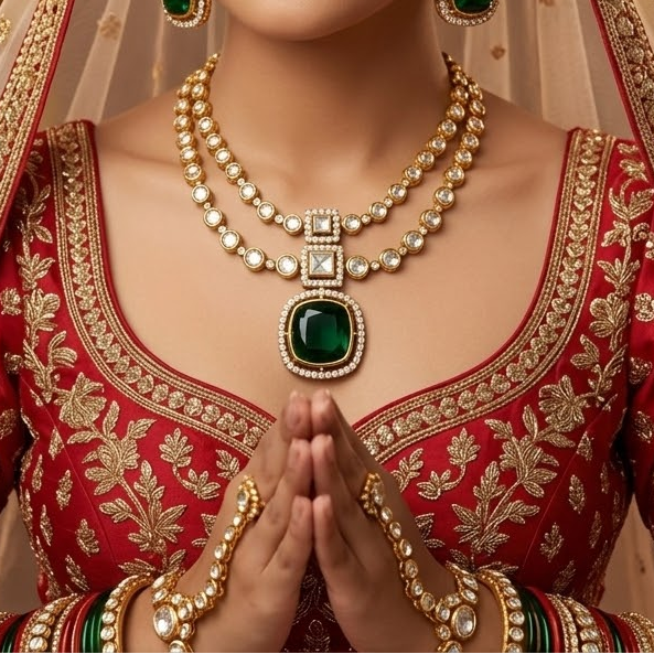Green stone 2layer kundan necklace set