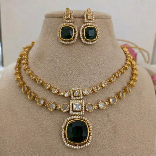 Green stone 2layer kundan necklace set