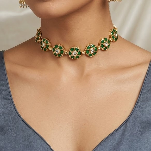 Emerald stone jadau kundan choker