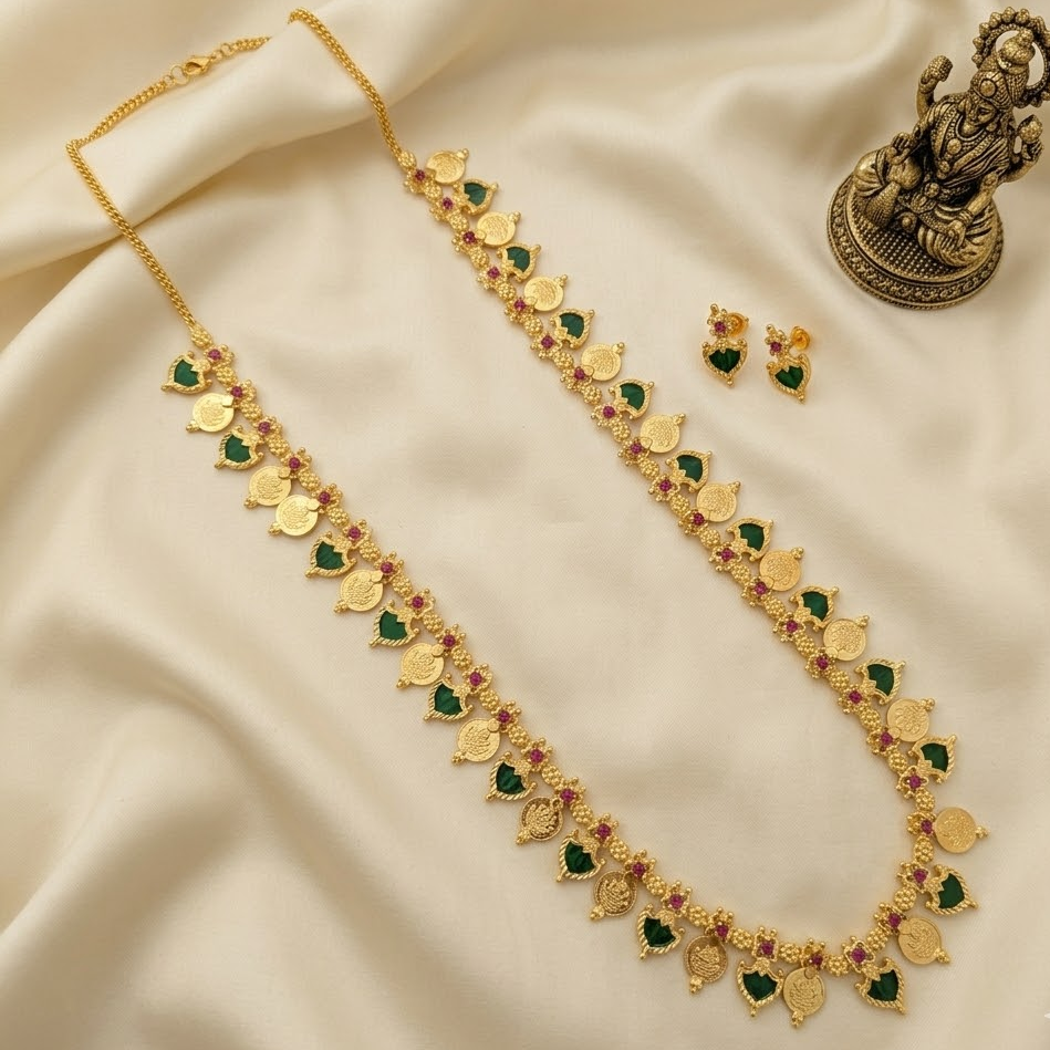 Long Microplated Palaka and Coin necklace - Kerala design