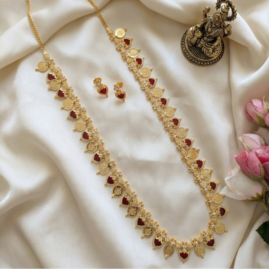 Long Microplated Palaka and Coin necklace - Kerala design Red