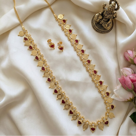 Long Microplated Palaka and Coin necklace - Kerala design Red