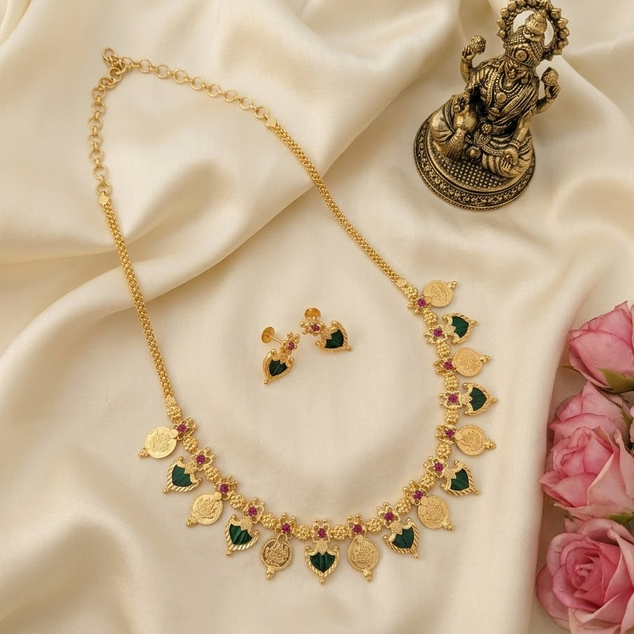 Microplated Palaka and Coin necklace - Kerala design Green
