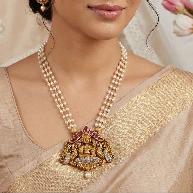 Pearl 3 layer Lakshmi long chain set