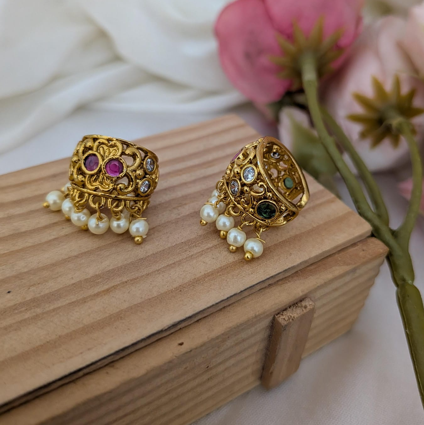 Ruby with white and green stone studded Ear cuff
