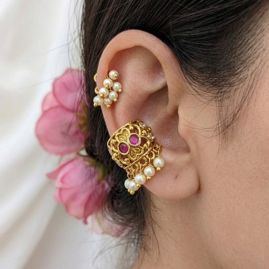 Ruby with white and green stone studded Ear cuff