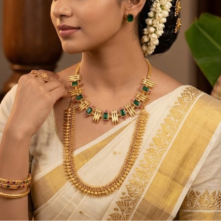 Microplated Necklace - green stone Mulla mottu traditional set