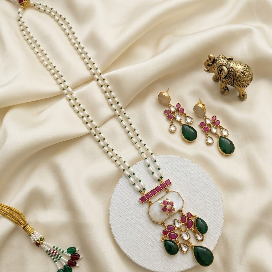 2 Layer pearl with Jadau kundan Fusion pendant necklace