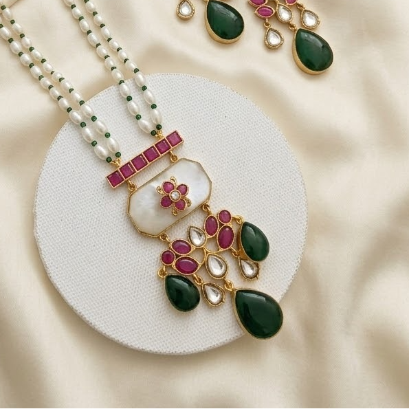 2 Layer pearl with Jadau kundan Fusion pendant necklace