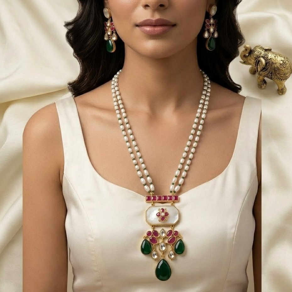 2 Layer pearl with Jadau kundan Fusion pendant necklace