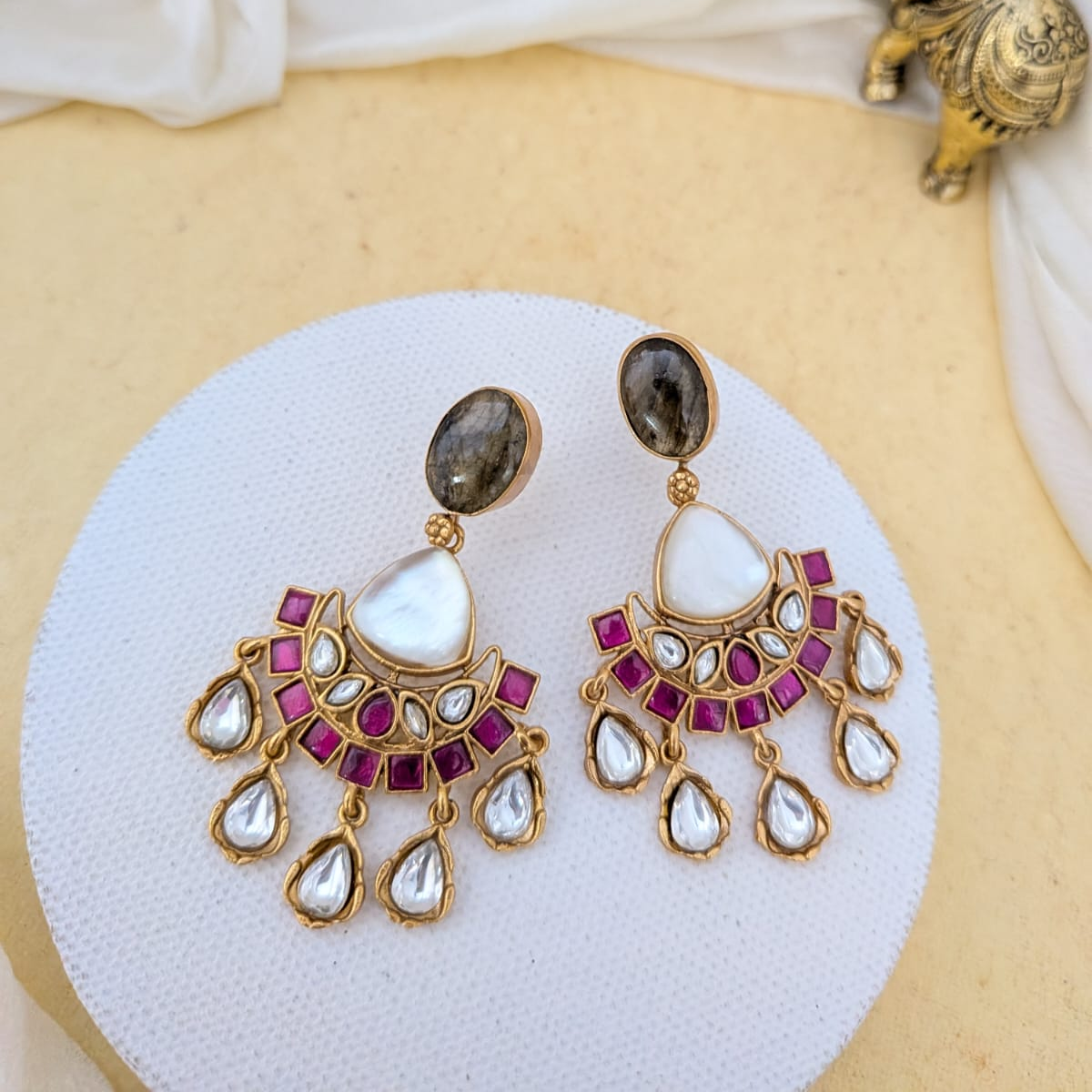 Jadau kundan Cresent shaped pendant with Labradorite stone necklace