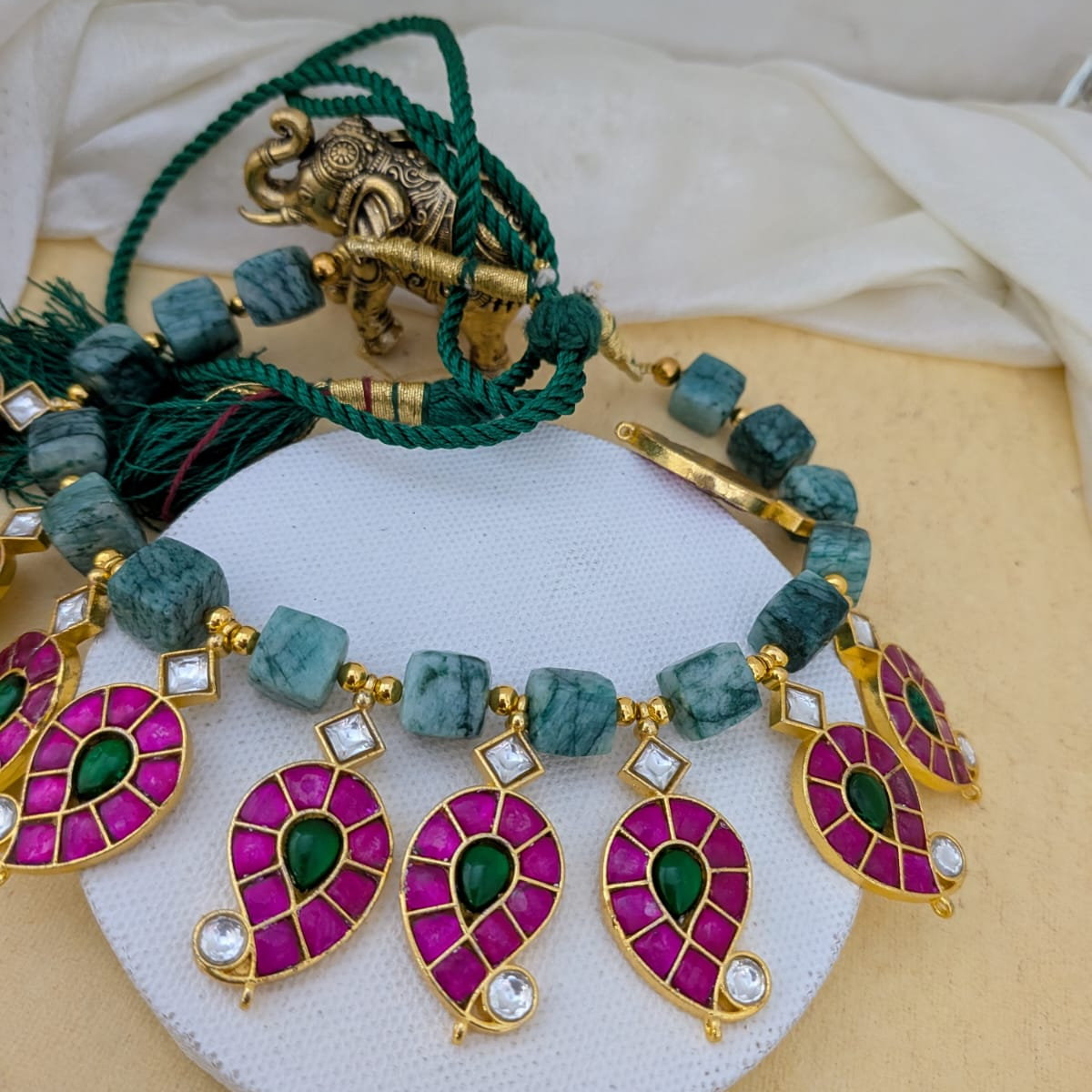 Jadau kundan Paisley shaped necklace set with amazonite beads