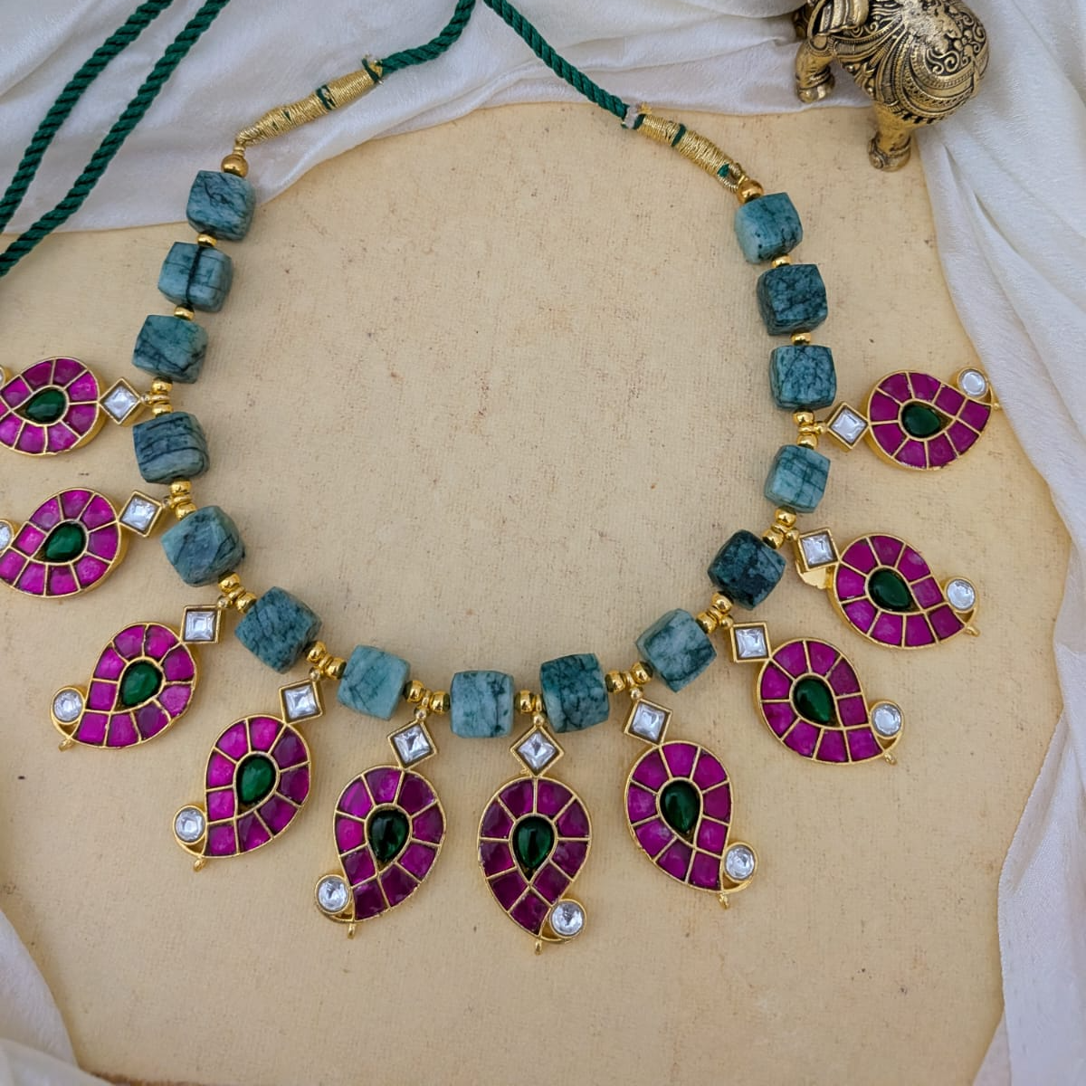 Jadau kundan Paisley shaped necklace set with amazonite beads