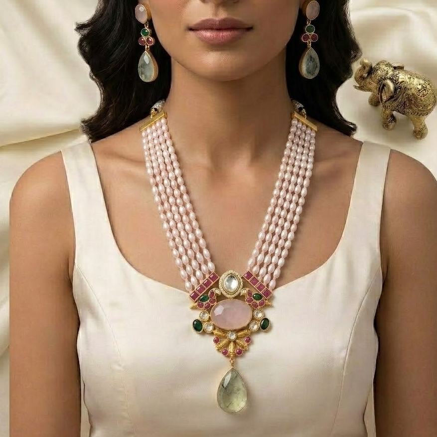 Long pearl haram semiprecious stone studded Jadau kundan Necklace - Emerald