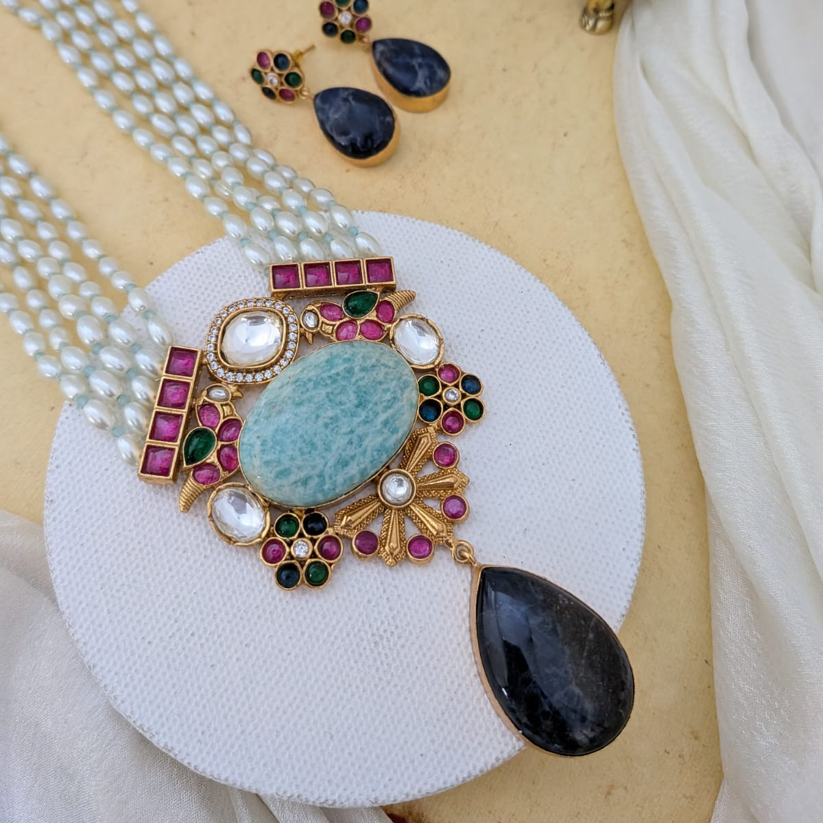 5 layer long pearl haram semiprecious stone studded Jadau kundan Necklace - Turquoise and Lapis