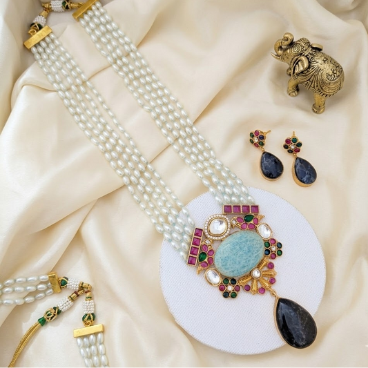 5 layer long pearl haram semiprecious stone studded Jadau kundan Necklace - Turquoise and Lapis