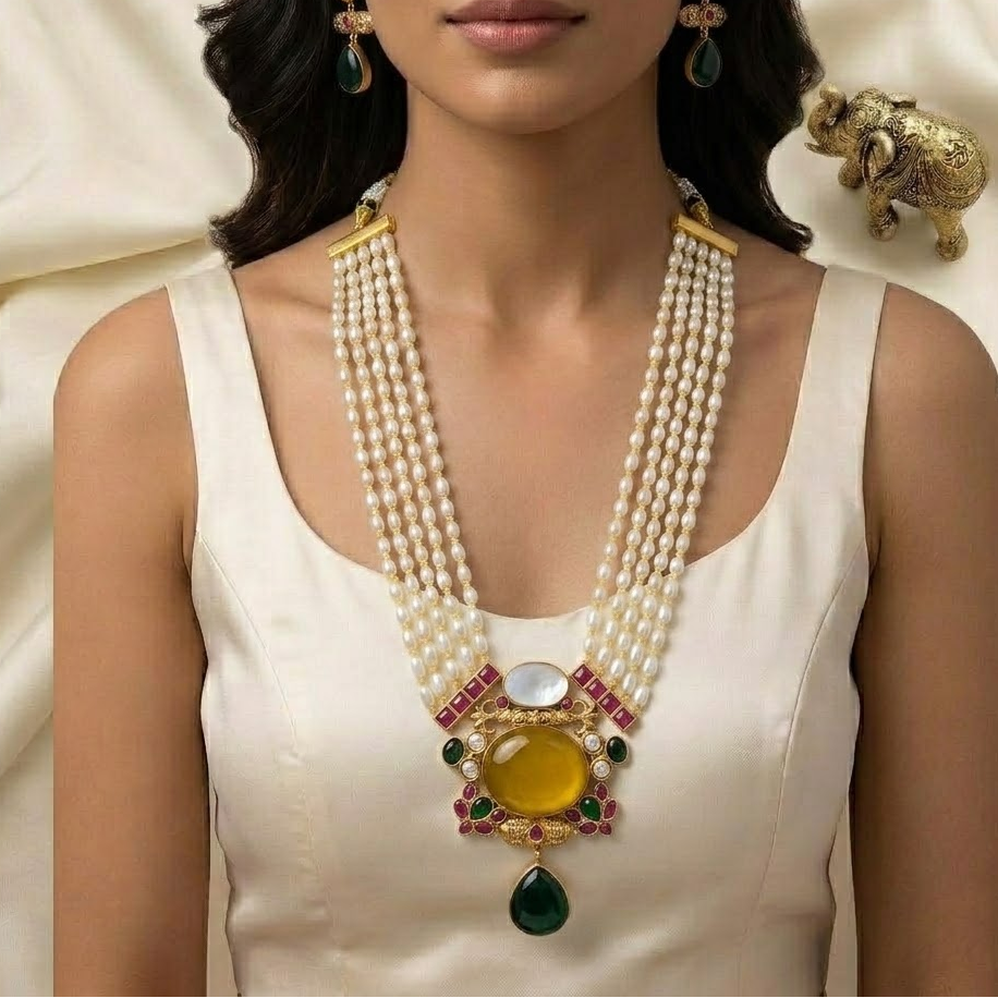 Long pearl haram semiprecious stone studded Jadau kundan Necklace