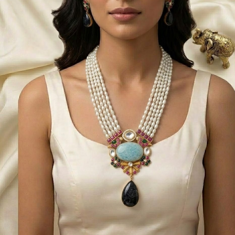 5 layer long pearl haram semiprecious stone studded Jadau kundan Necklace - Turquoise and Lapis