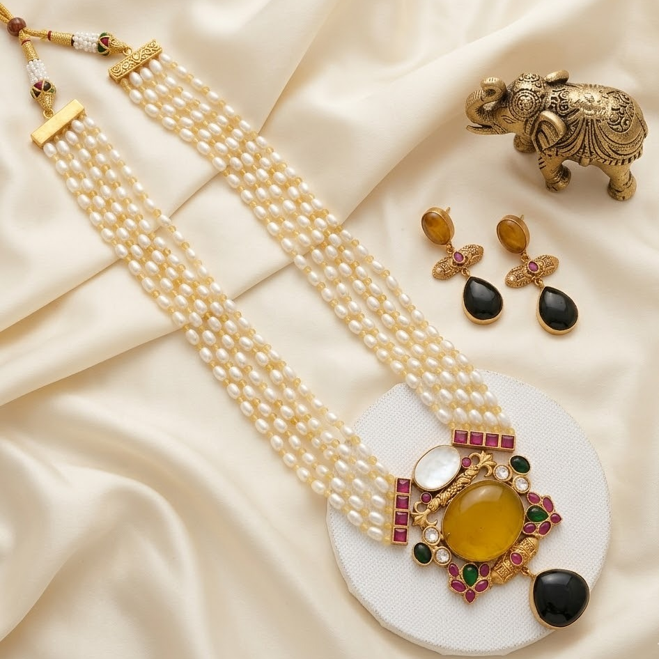 Long pearl haram semiprecious stone studded Jadau kundan Necklace