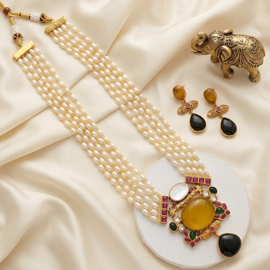 Long pearl haram semiprecious stone studded Jadau kundan Necklace