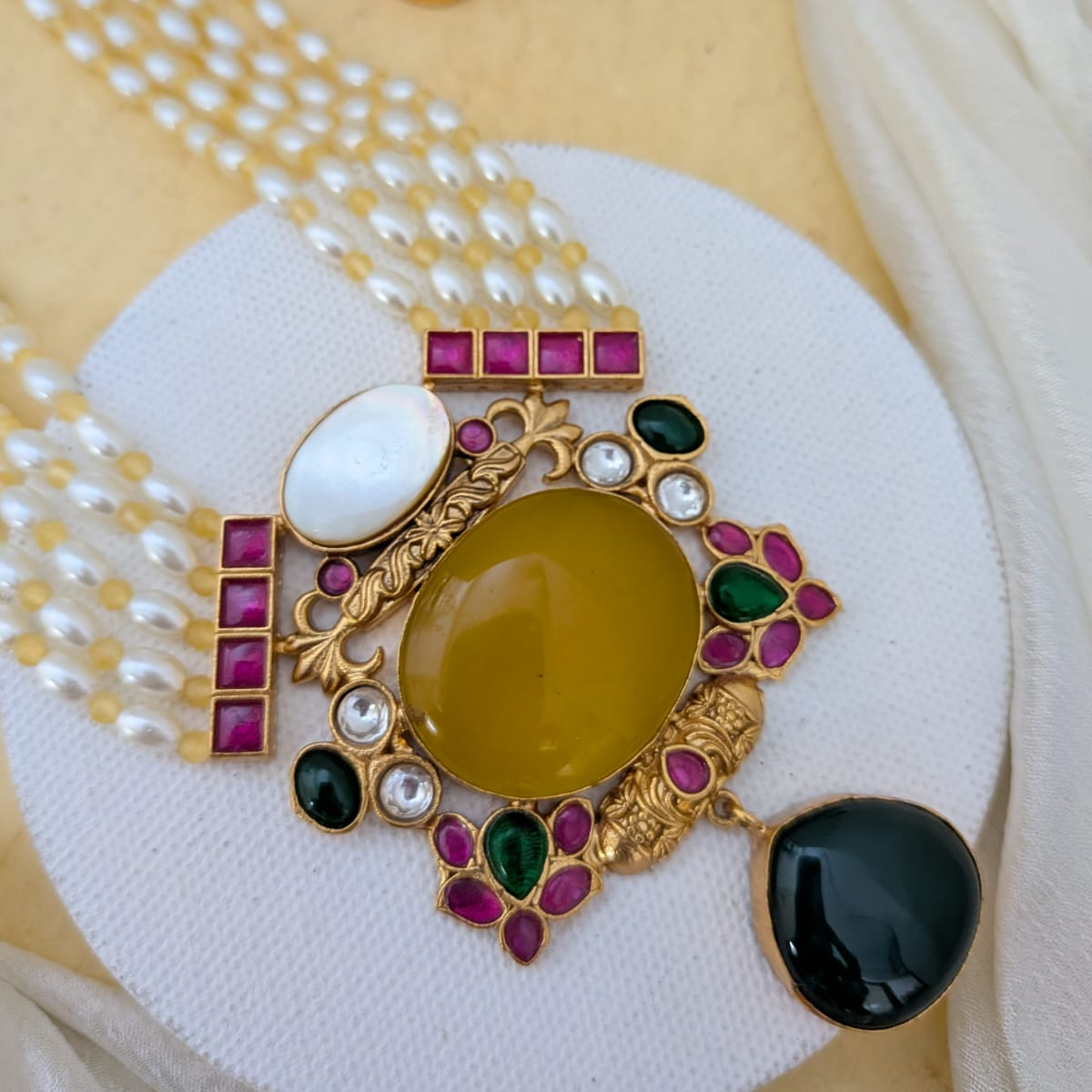 Long pearl haram semiprecious stone studded Jadau kundan Necklace