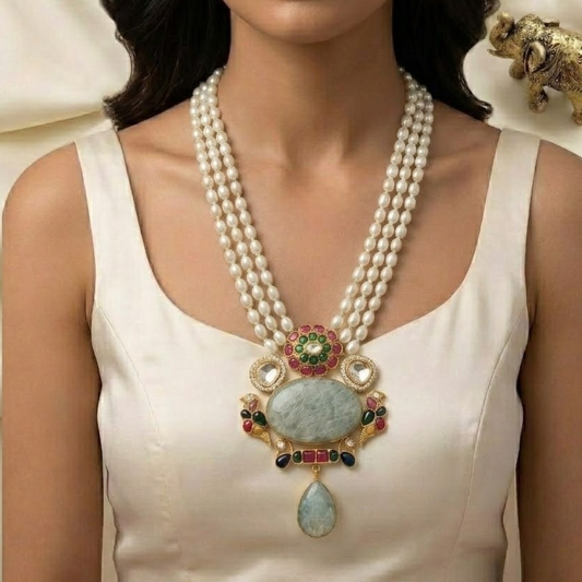 3 layer Long pearl haram semiprecious stone studded Jadau kundan Necklace - Turquoise