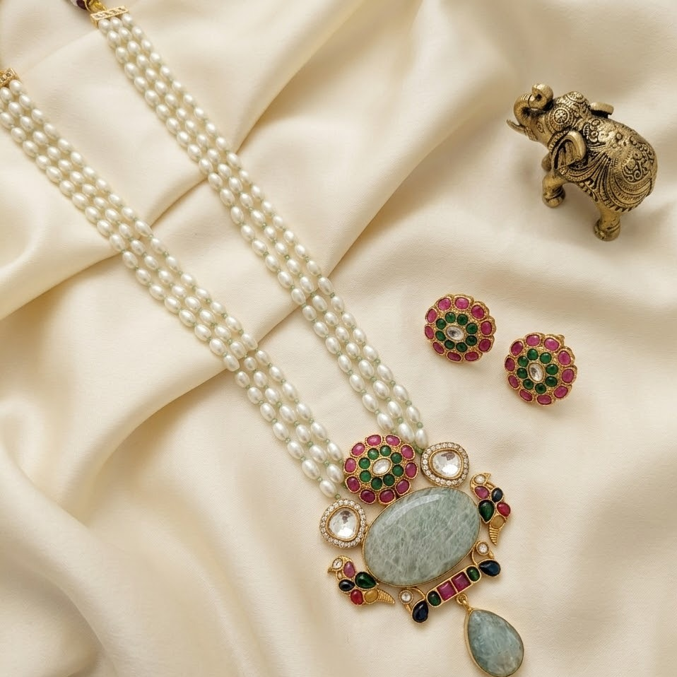 3 layer Long pearl haram semiprecious stone studded Jadau kundan Necklace - Turquoise